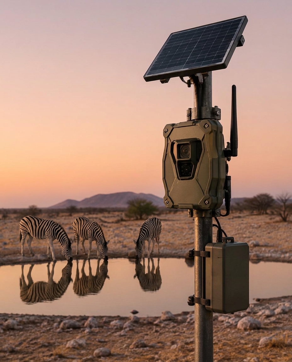 Concept of a solar-powered wildlife camera at a waterhole
