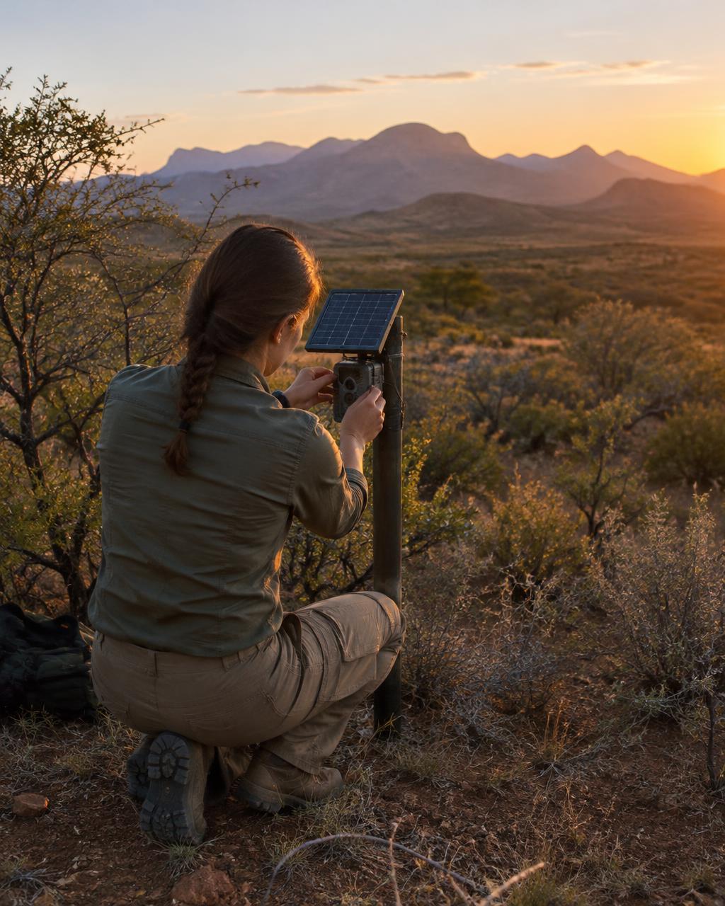 Kira setting up a solar camera prototype in the Namibian bush